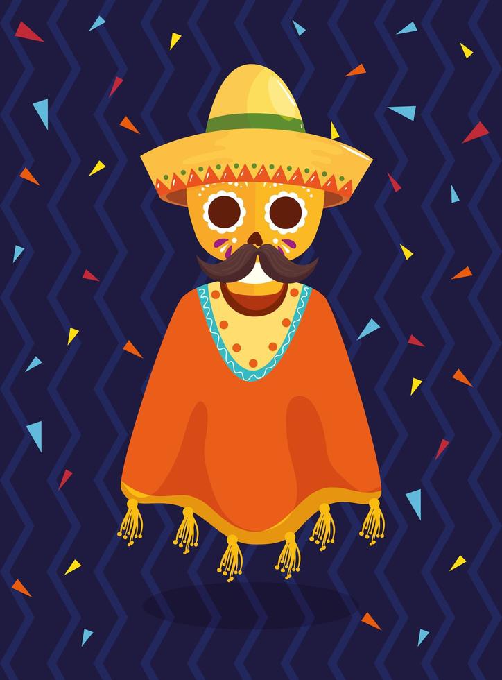 caveira mexicana com bigode e desenho vetorial de poncho vetor