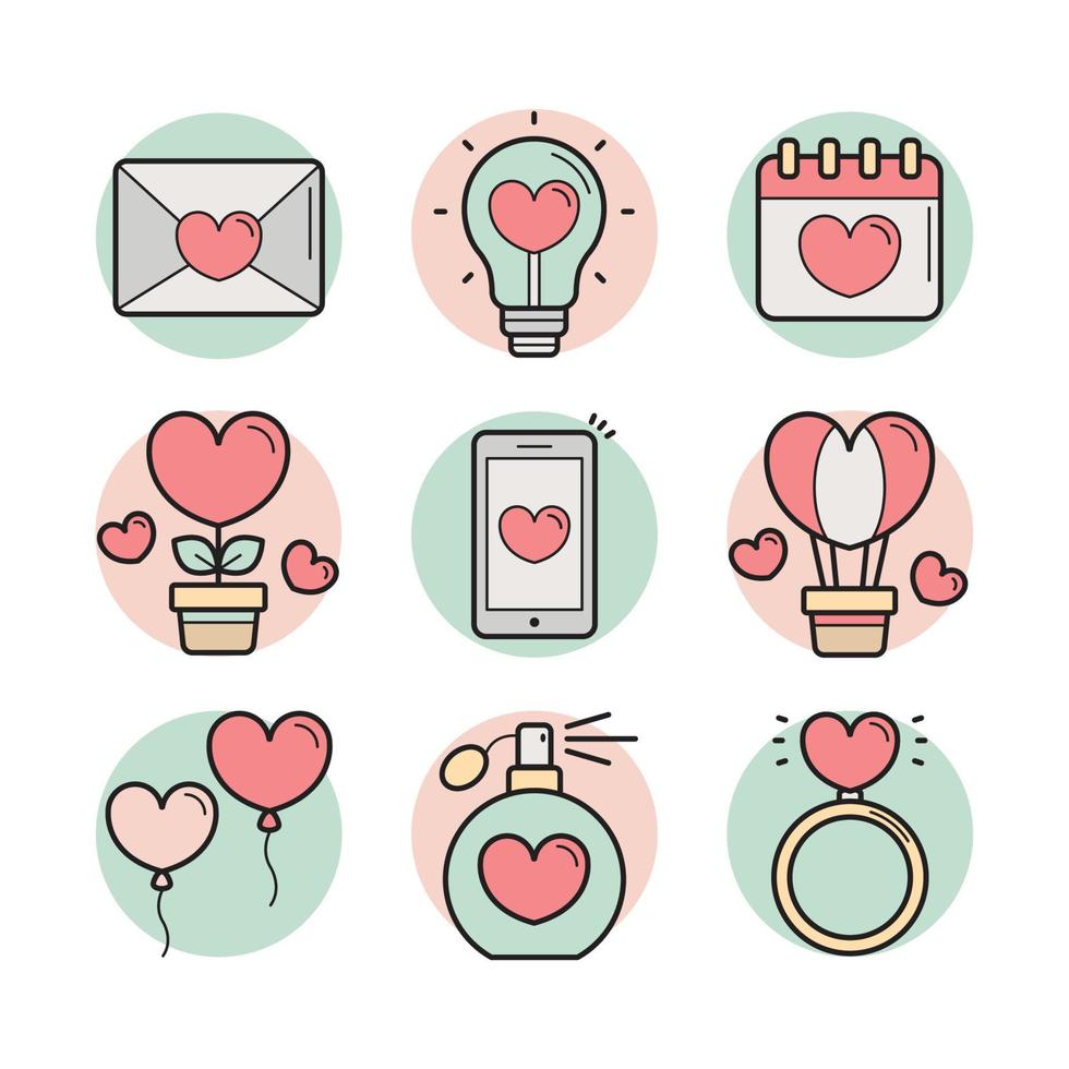 ícones de presentes do dia dos namorados com o tema coração vetor