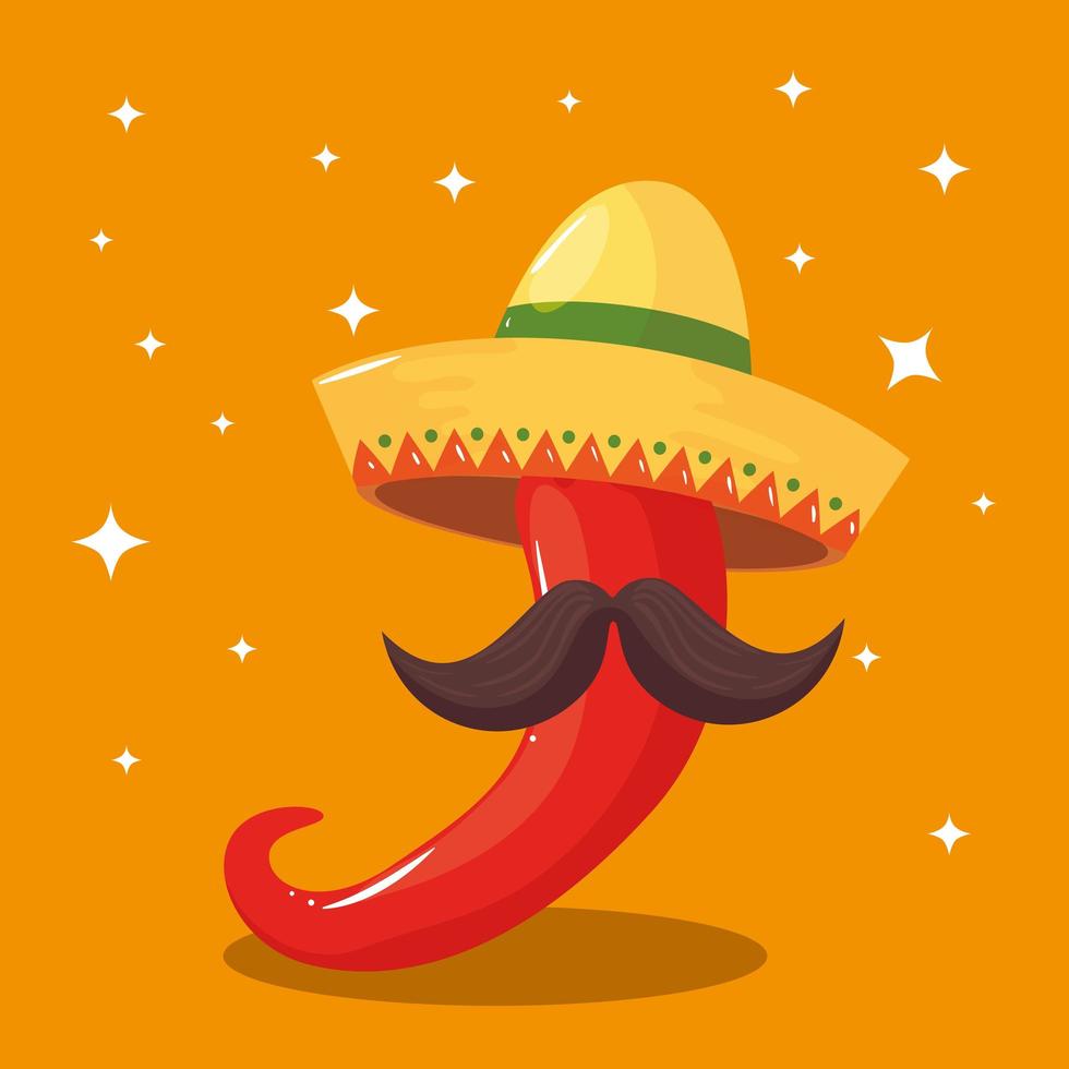 pimenta mexicana com desenho vetorial de chapéu e bigode vetor