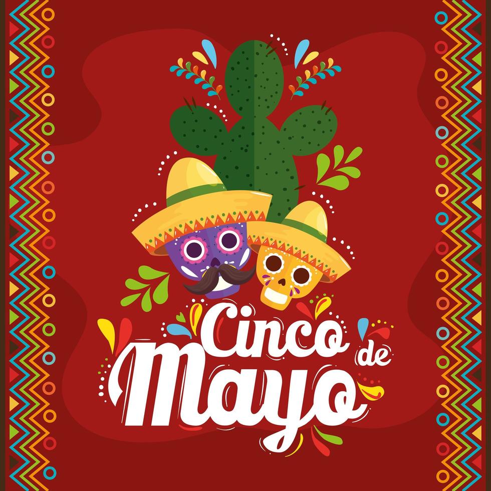 caveiras mexicanas com chapéus e cactos de cinco de mayo desenho vetorial vetor