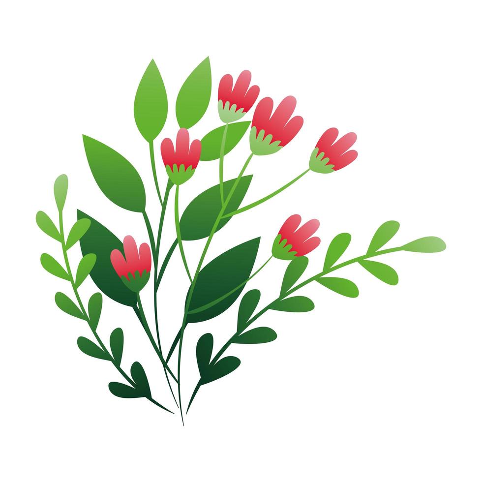 flores fofas cor vermelha com ramos e folhas vetor