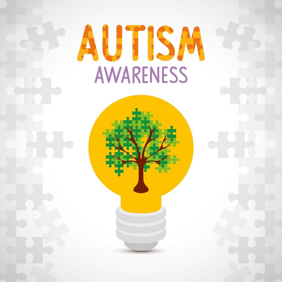 dia mundial do autismo com uma árvore de peças de quebra-cabeça em uma lâmpada vetor