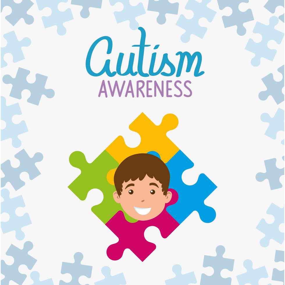 dia mundial do autismo com rosto de menino e peças de quebra-cabeça vetor