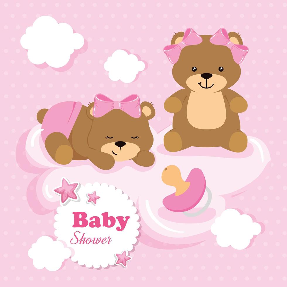 cartão de chá de bebê com urso fêmea e ícones vetor