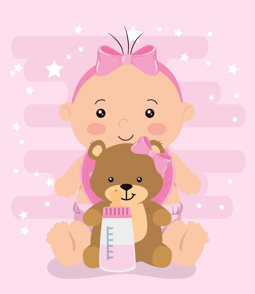 menina bonitinha com ursinho de pelúcia e mamadeira de leite vetor