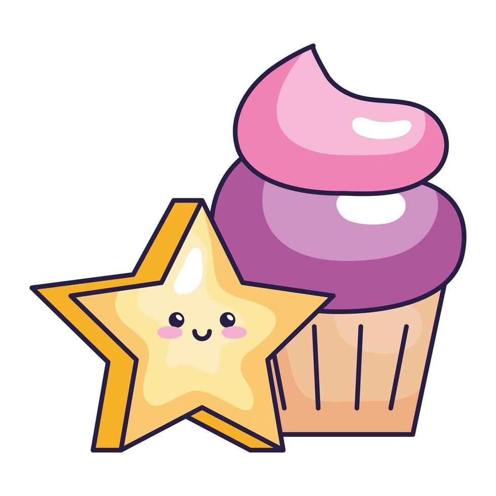 estrela fofa mágica kawaii com ícones isolados de cupcake vetor