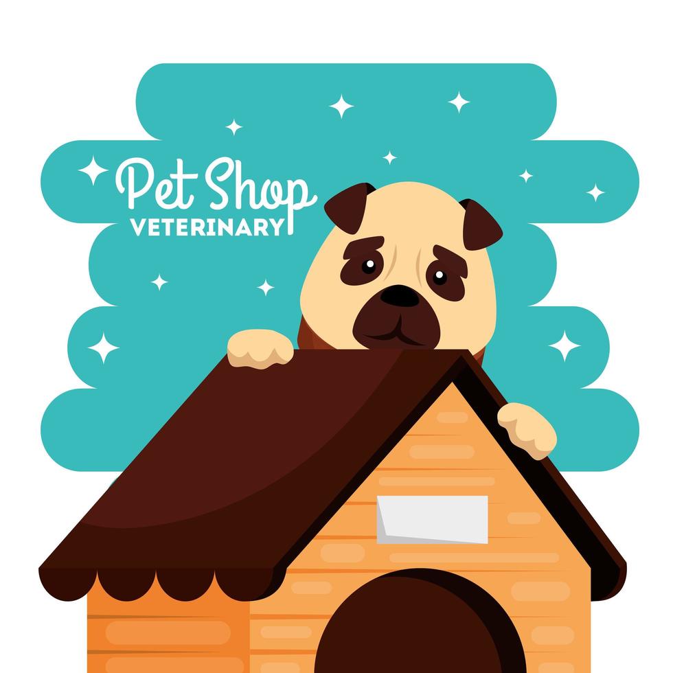 pet shop veterinário com cachorro fofo em casa de madeira vetor