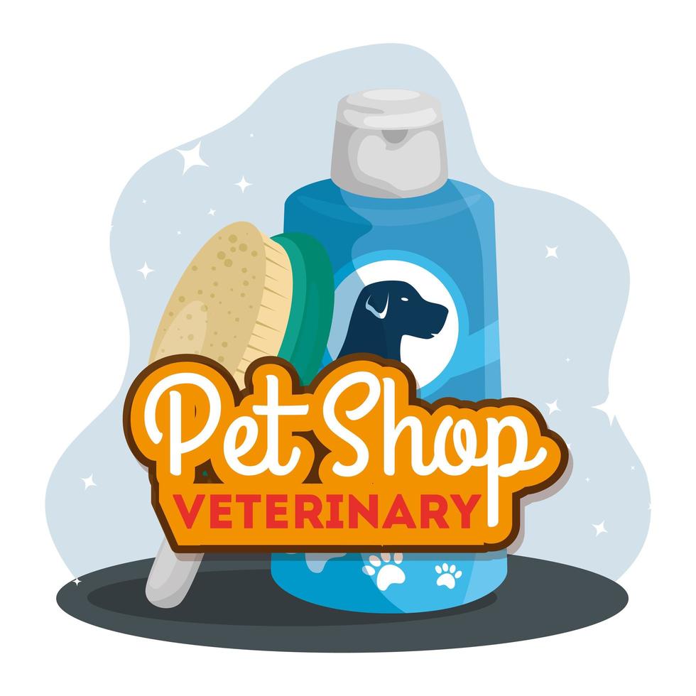 pet shop veterinário com escova e frasco de cuidado vetor