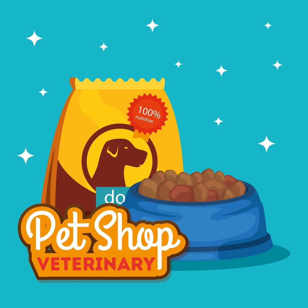 pet shop veterinário com saco e ração para cachorro vetor