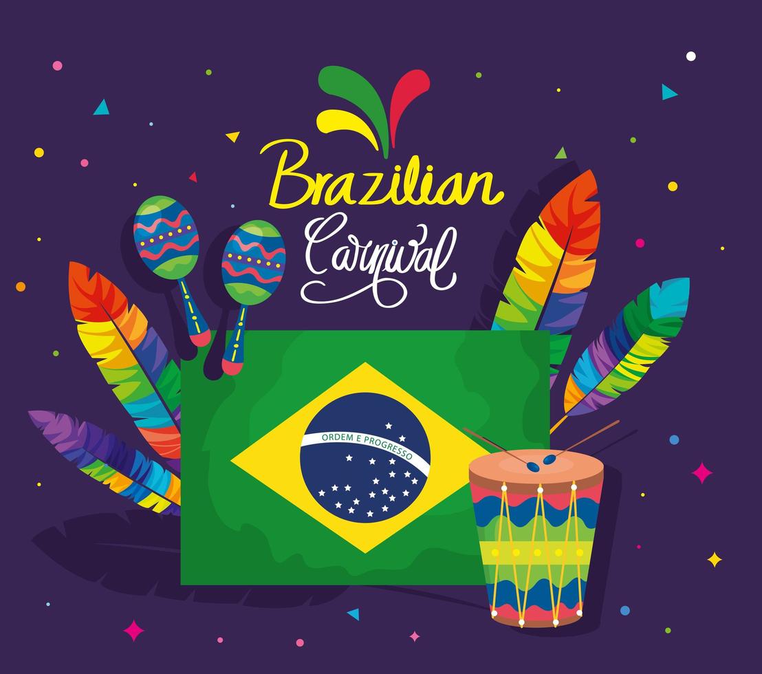 pôster do carnaval brasileiro com bandeira e ícones tradicionais vetor
