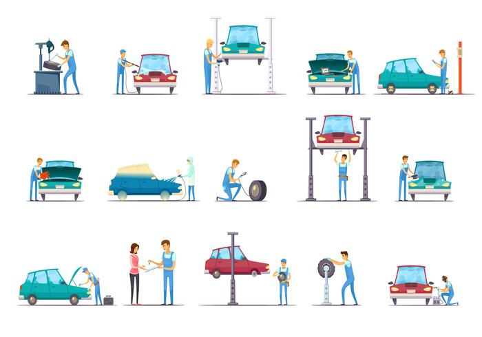 Coleção de ícones dos desenhos animados de serviço de reparação de carro vetor