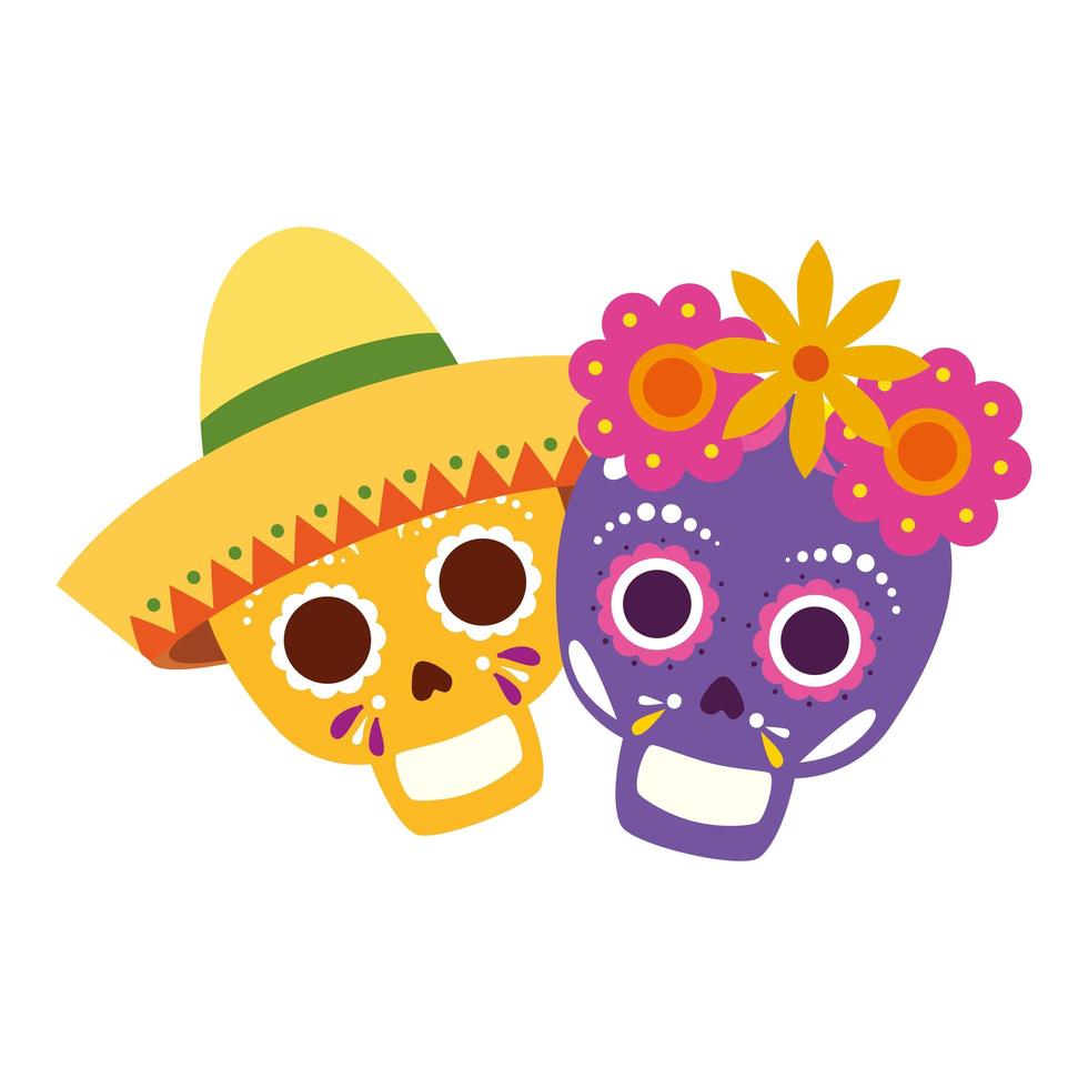Crânios mexicanos isolados com coroa de flores e desenho vetorial de chapéu vetor