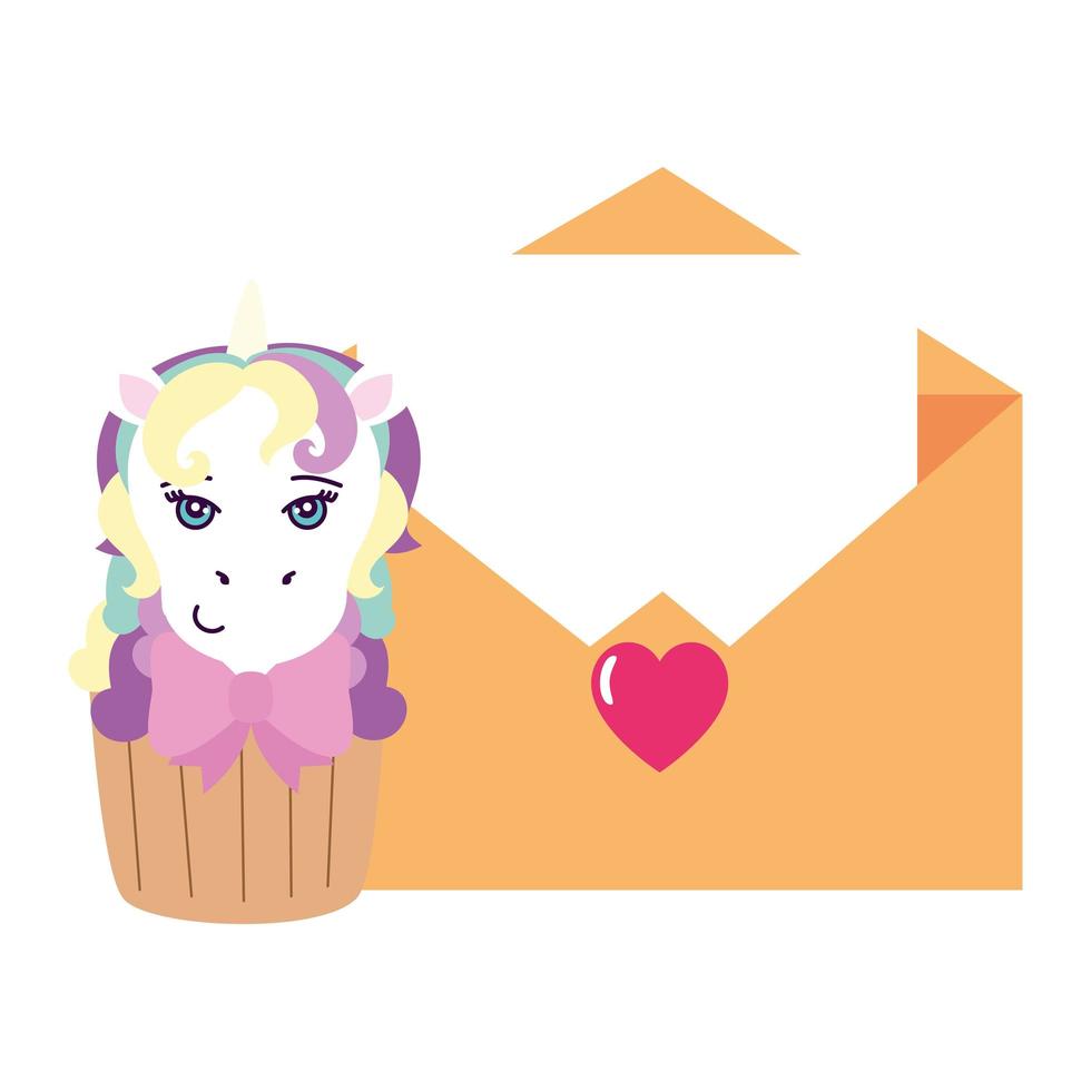 cupcake de cabeça de unicórnio fofo com envelope vetor