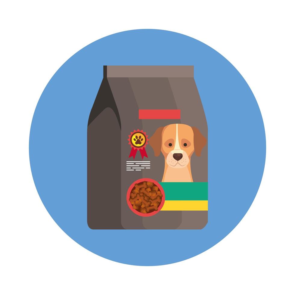 comida para cachorro em bolsa com ícone isolado circular de quadro vetor