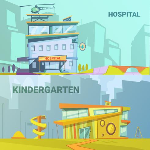 Hospital e jardim de infância de construção Retro Cartoon vetor