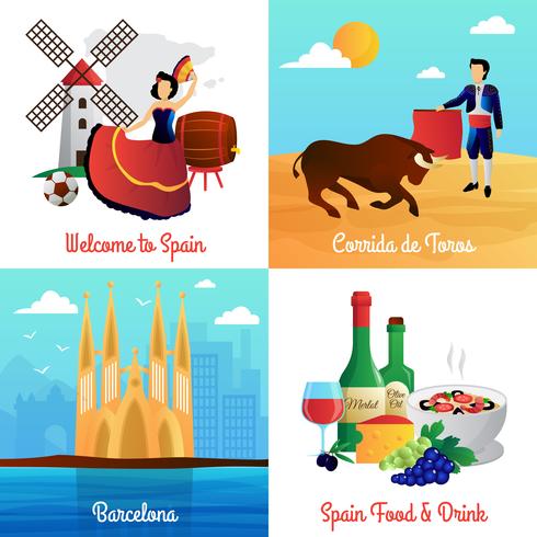 Spain Travel Concept 4 Flat Icons Square vetor