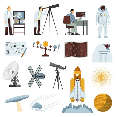 Coleção de ícones plana de equipamentos de pesquisa de astronomia vetor