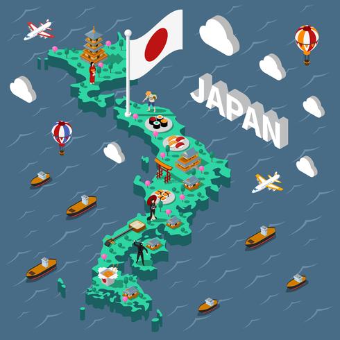 Mapa Isométrico Turístico do Japão vetor