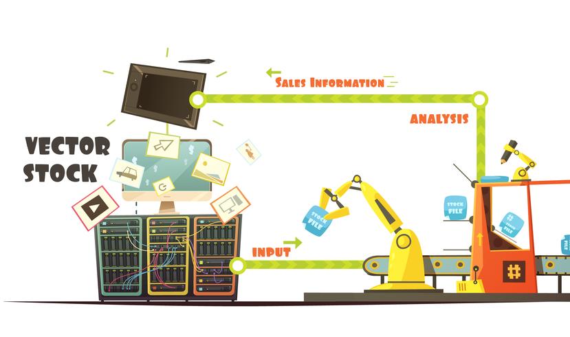 Esquema de desenhos animados do conceito de trabalho do mercado de Microstock vetor