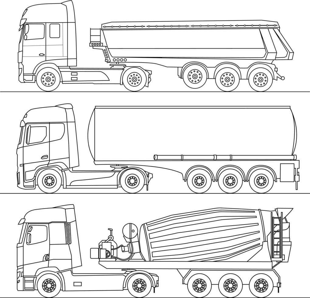 caminhão a granel, líquido, misturador de concreto. transporte industrial e de construção isolado no branco. ilustração vetorial em estilo gráfico. livro de colorir para adultos e crianças. vetor
