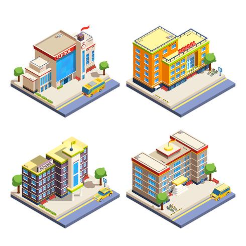 Conjunto de ícones isométrica de edifícios escolares vetor