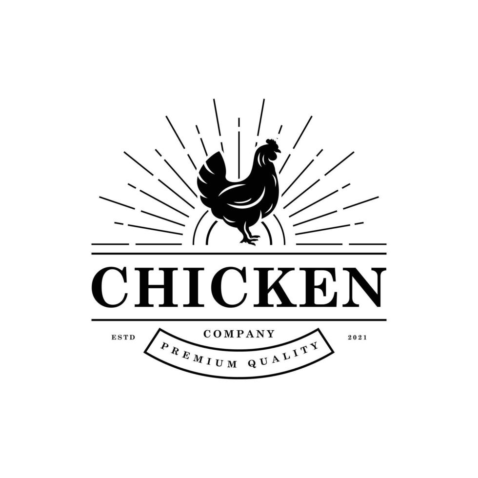 design de logotipo de fazenda vintage - ilustração vetorial de galinha isolada em fundo branco - logotipo, ícone, símbolo ou emblema de frango criativo vetor