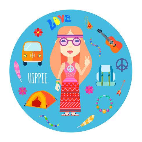 Acessórios de personagem hippie plana rodada ilustração vetor