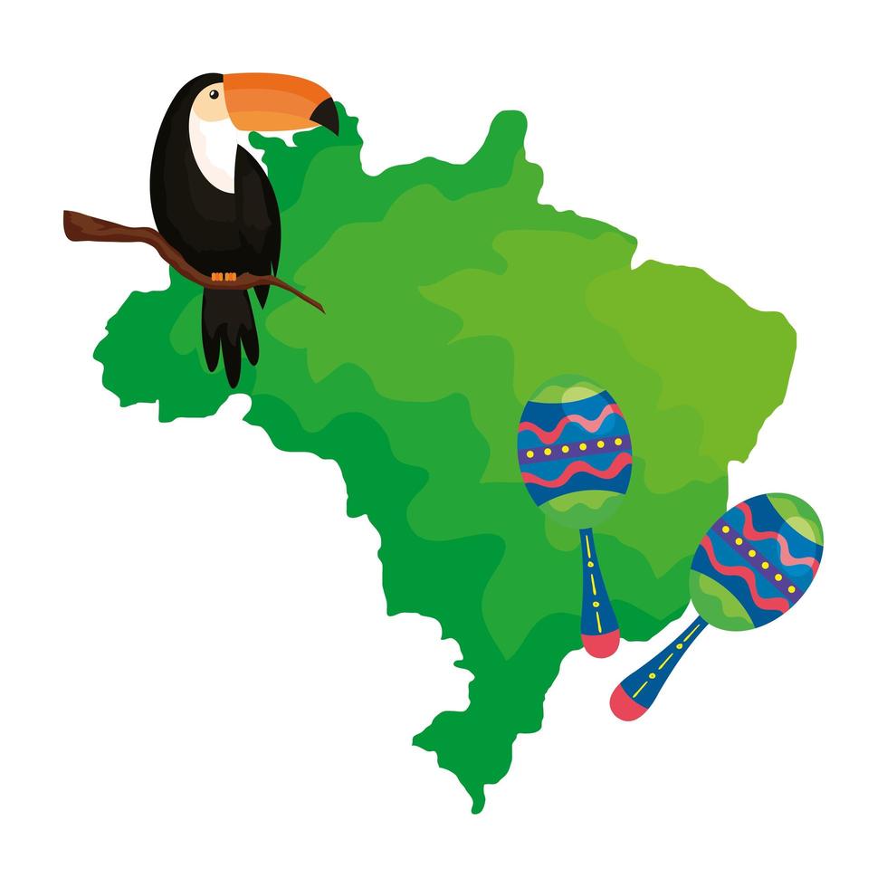 tucano e maracas com mapa do brasil vetor