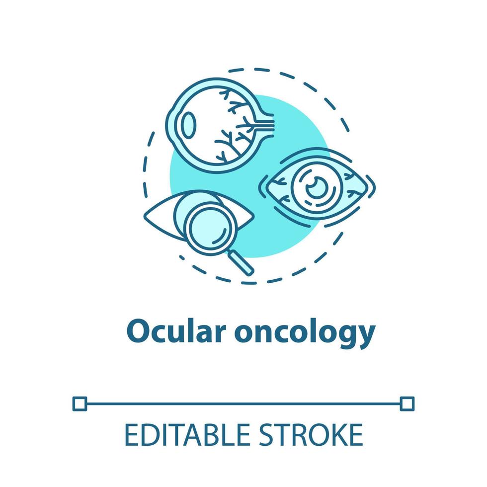 ícone do conceito de oncologia ocular. diagnóstico e tratamento de neoplasias oculares. estrutura, funcionamento do olho. ilustração de linha fina de ideia de oftalmologia. desenho de cor rgb de contorno isolado de vetor. curso editável vetor