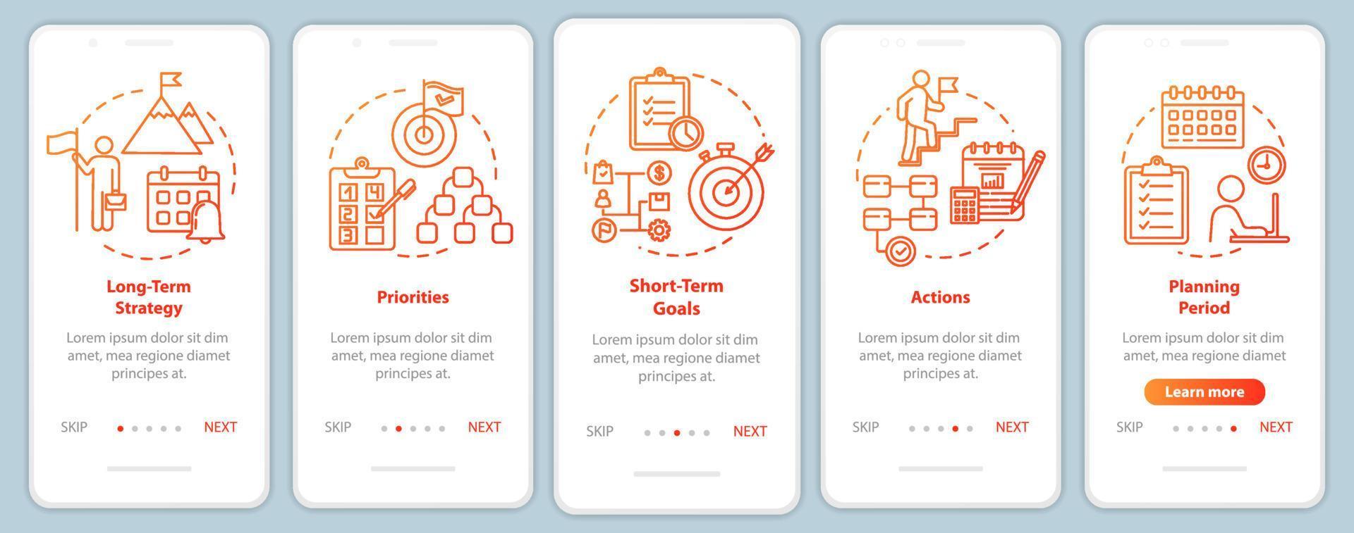 estratégias de tempo integrando a tela da página do aplicativo móvel com conceitos. planejamento para a empresa. marketing passo a passo 5 etapas de instruções gráficas. modelo de vetor ui com ilustrações coloridas rgb