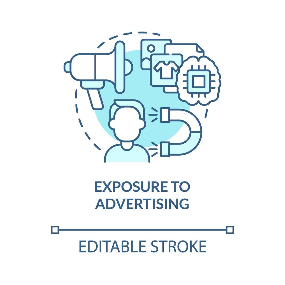 exposição ao ícone de conceito azul de publicidade. as pessoas compram mais quando veem os anúncios. compra excessiva. comerciais ideia abstrata ilustração de linha fina. desenho de cor de contorno isolado vetor. curso editável vetor