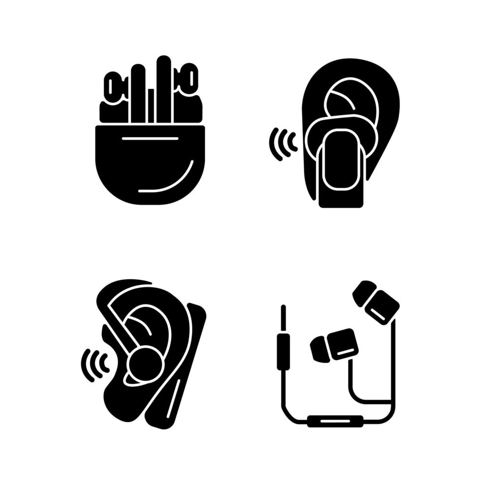 compacto em fones de ouvido ícones de glifo preto definidos no espaço em branco vetor
