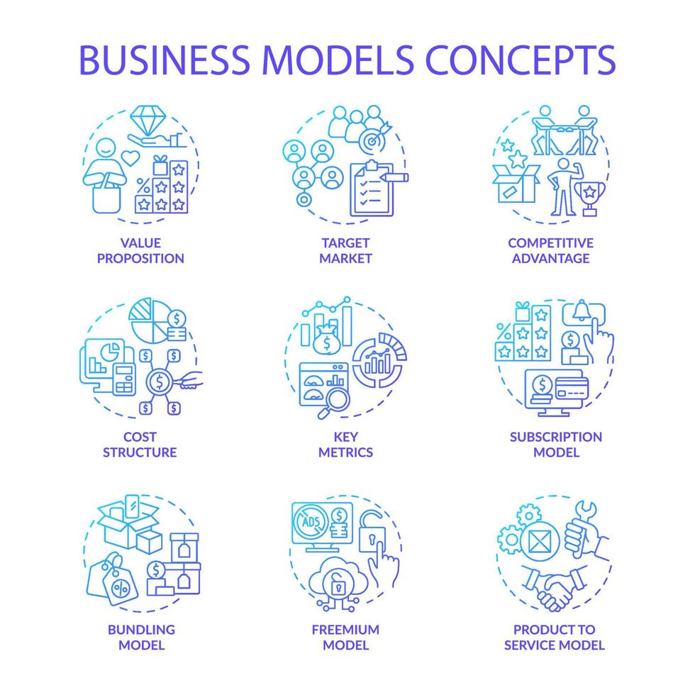 modelos de negócios conjunto de ícones de conceito de gradiente azul. proposição de valor. mercado alvo. vantagem competitiva. ilustrações coloridas de linha fina de ideia de empresa. desenhos de contorno de vetor isolado