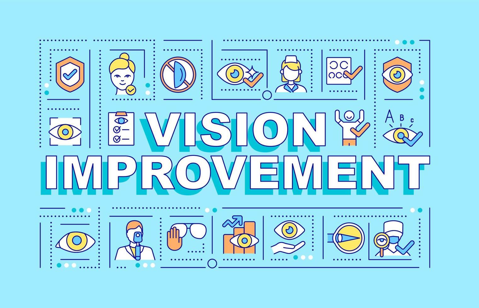 bandeira de conceitos de palavra de melhoria de visão. vantagens da cirurgia ocular a laser. infográficos com ícones lineares sobre fundo azul. tipografia criativa isolada. ilustração colorida do contorno do vetor com texto