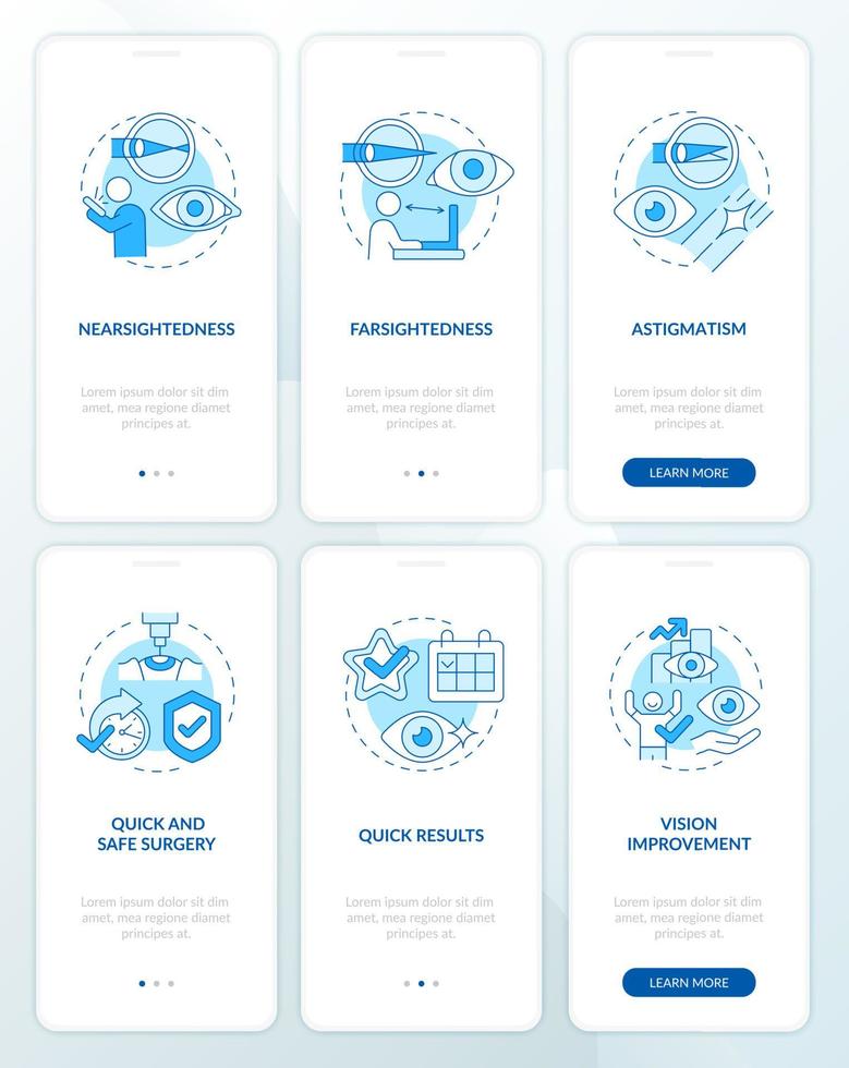 conjunto de tela de página de aplicativo móvel de integração de cirurgia a laser azul. passo a passo da operação 6 etapas instruções gráficas com conceitos. modelo de vetor ui, ux, gui com ilustrações coloridas lineares