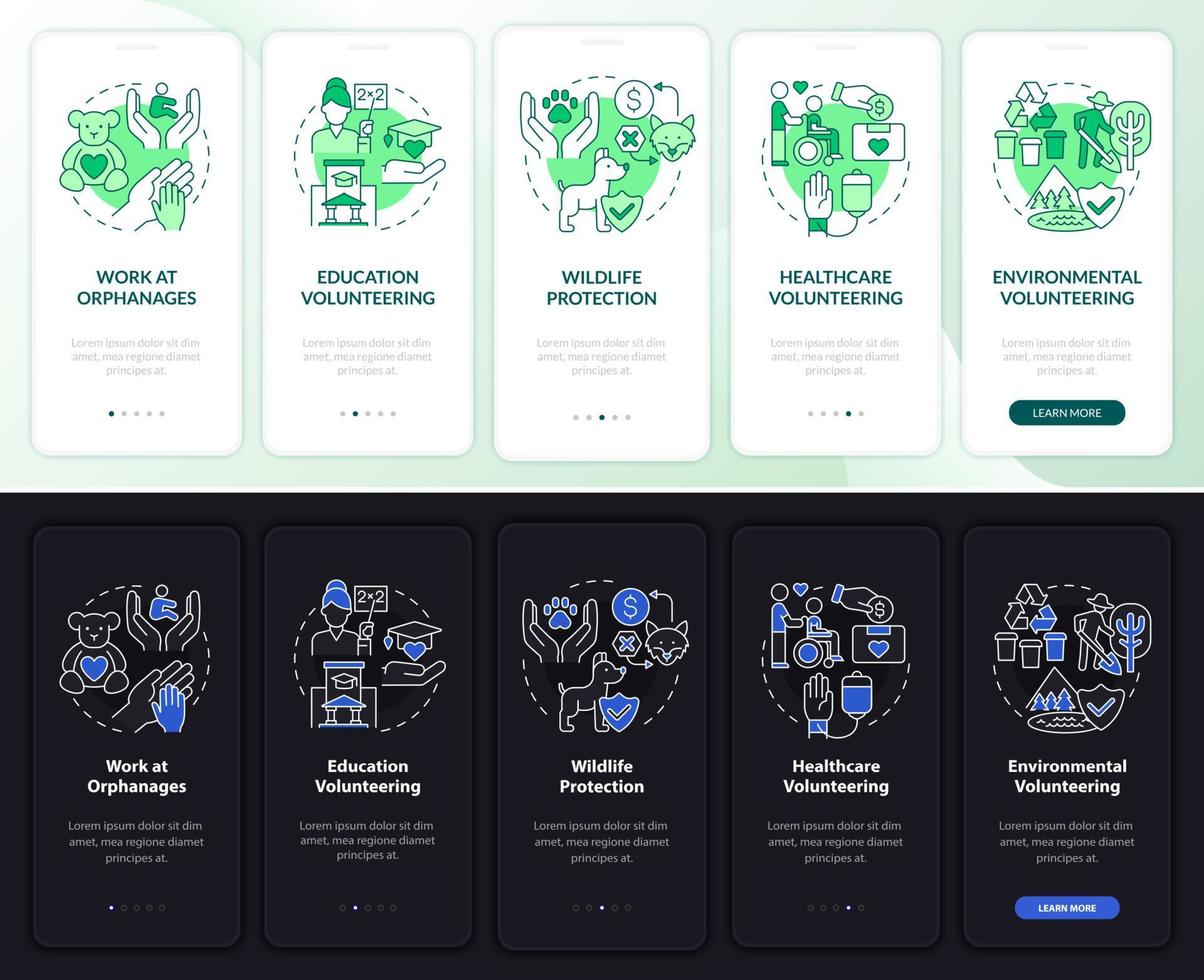 tipos de voluntariado definidos na tela da página do aplicativo móvel de integração. ajude a sociedade a percorrer 5 etapas de instruções gráficas com conceitos. modelo de vetor ui, ux, gui com ilustrações lineares de modo noturno e diurno