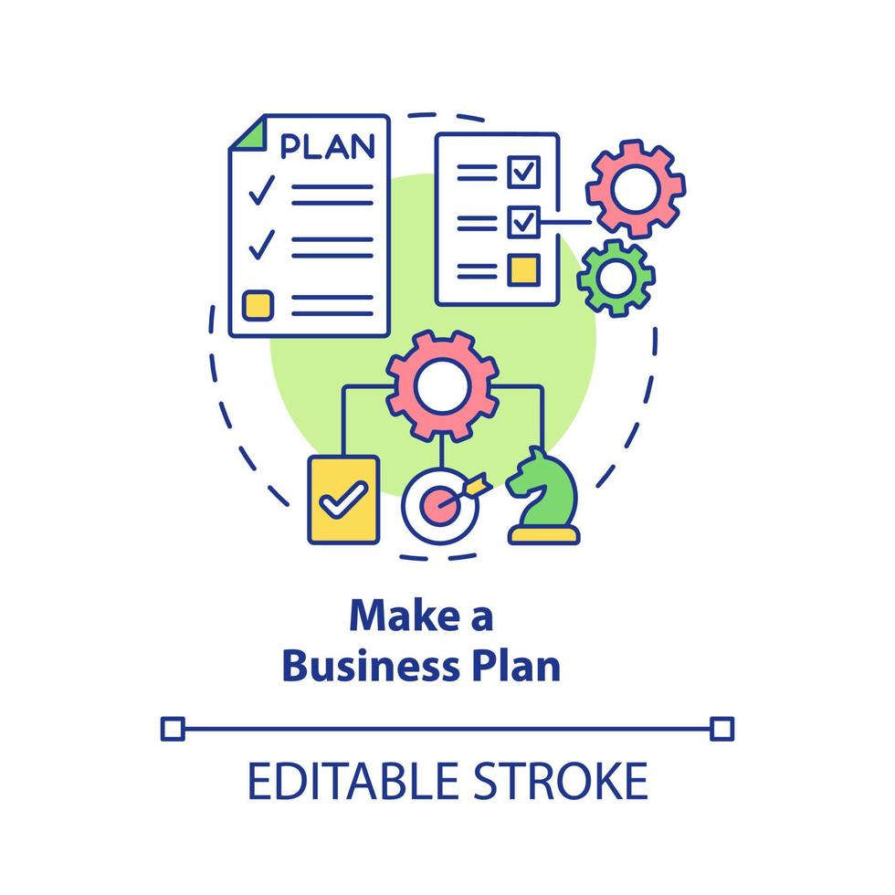 fazer o ícone do conceito de plano de negócios. lançamento de inicialização bem-sucedido. fornecendo estratégia de promoção de produto de ilustração de linha fina de ideia abstrata. desenho de cor de contorno isolado vetor. curso editável vetor