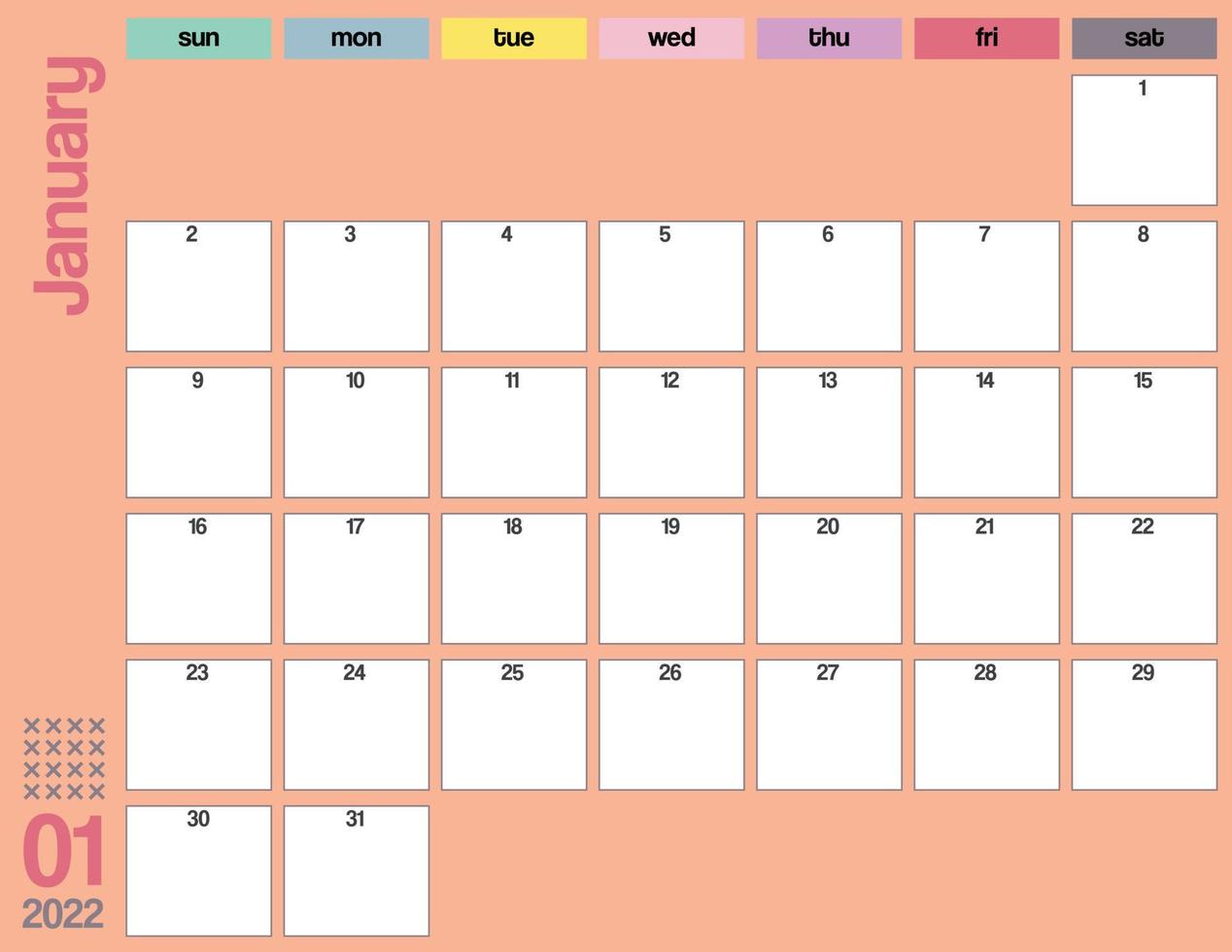 planejador de calendário mensal colorido de janeiro de 2022 para impressão vetor