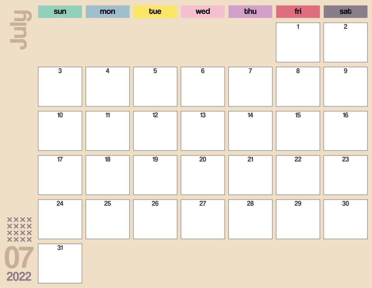 julho colorido 2022 planejador de calendário mensal para impressão vetor