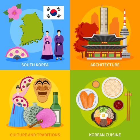 Cultura coréia, 4, apartamento, ícones, quadrado vetor