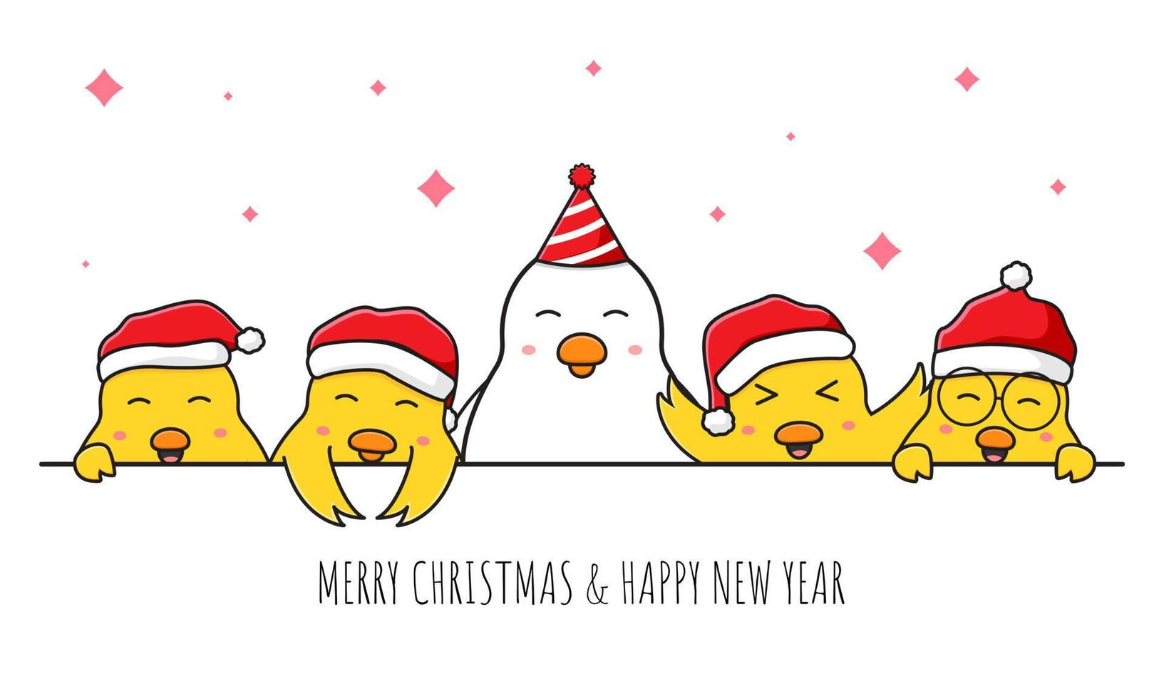 Família de frango fofo saudando feliz natal e feliz ano novo cartoon doodle cartão ilustração de fundo vetor
