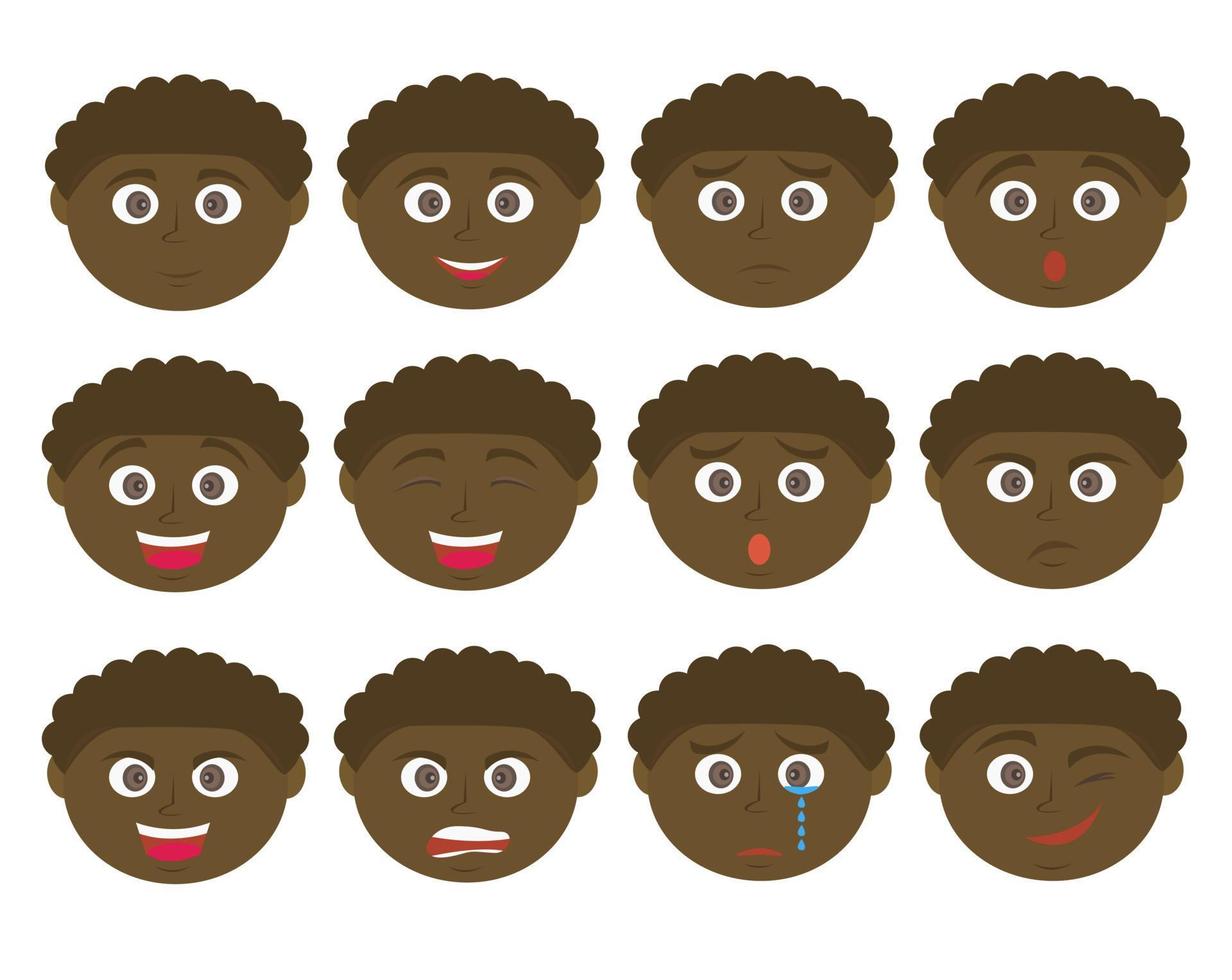 expressão e emoticon do menino do vetor. menino afro-americano. vetor