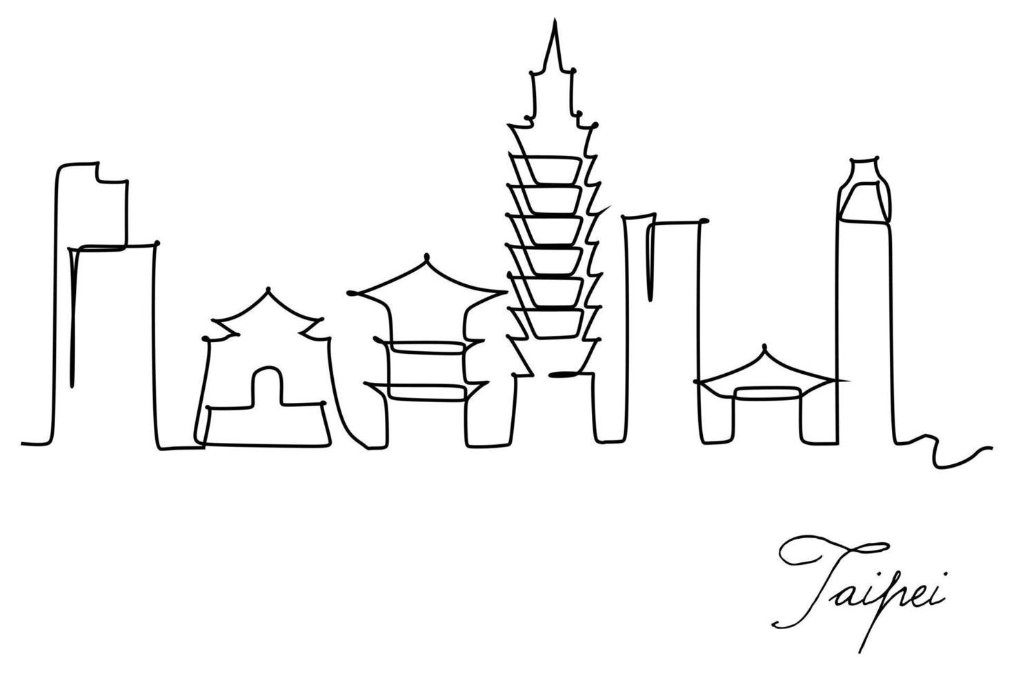 desenho de linha contínua única do horizonte da cidade de taipei, taiwan. Raspador de cidade famosa e impressão de pôster da arte da decoração da parede da casa da paisagem. conceito de viagens pelo mundo. ilustração em vetor moderno desenho de uma linha