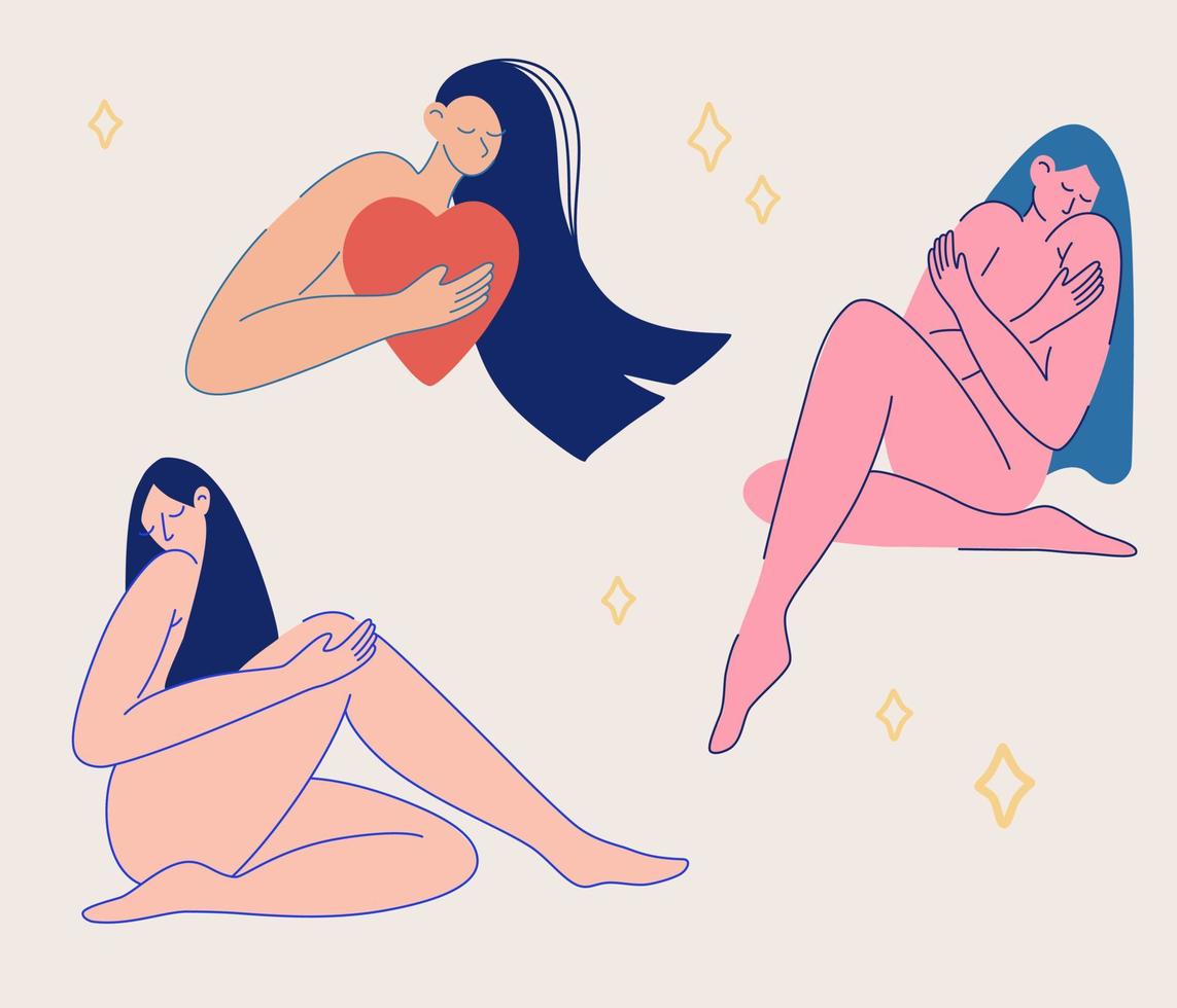 belas mulheres em várias poses. conceito positivo de corpo. AME a si mesmo. garotas atraentes. mão desenhada ilustração vetorial em estilo moderno. vetor