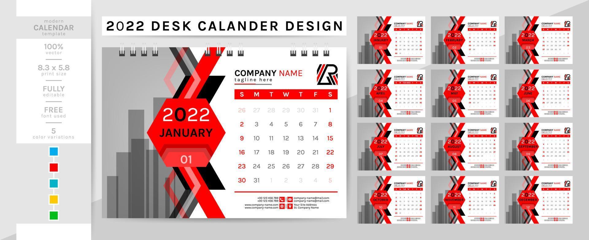 calendário de mesa e modelo de agenda de planejador para o ano de 2022. este calendário elegante e criativo é essencial para sua casa e escritório. 2 cores de tema, preto e outros. a semana de 12 páginas começa no domingo. vetor