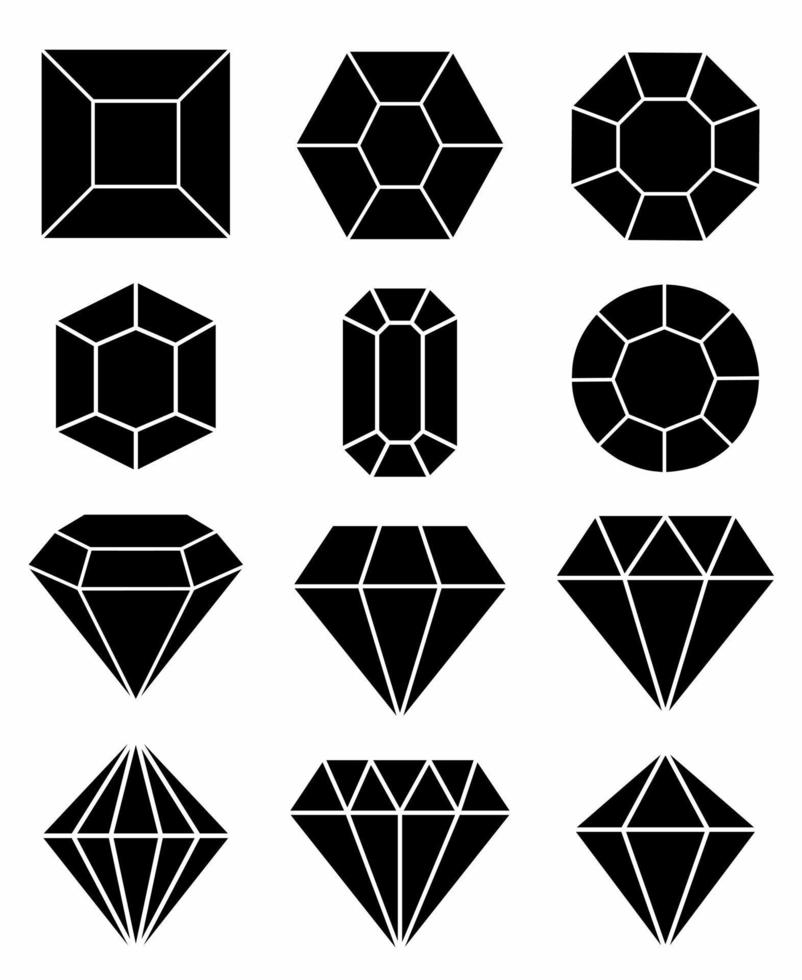 conjunto de ícone de diamantes em um estilo simples. coleção de ícones de diamante preenchido com preto. vetor