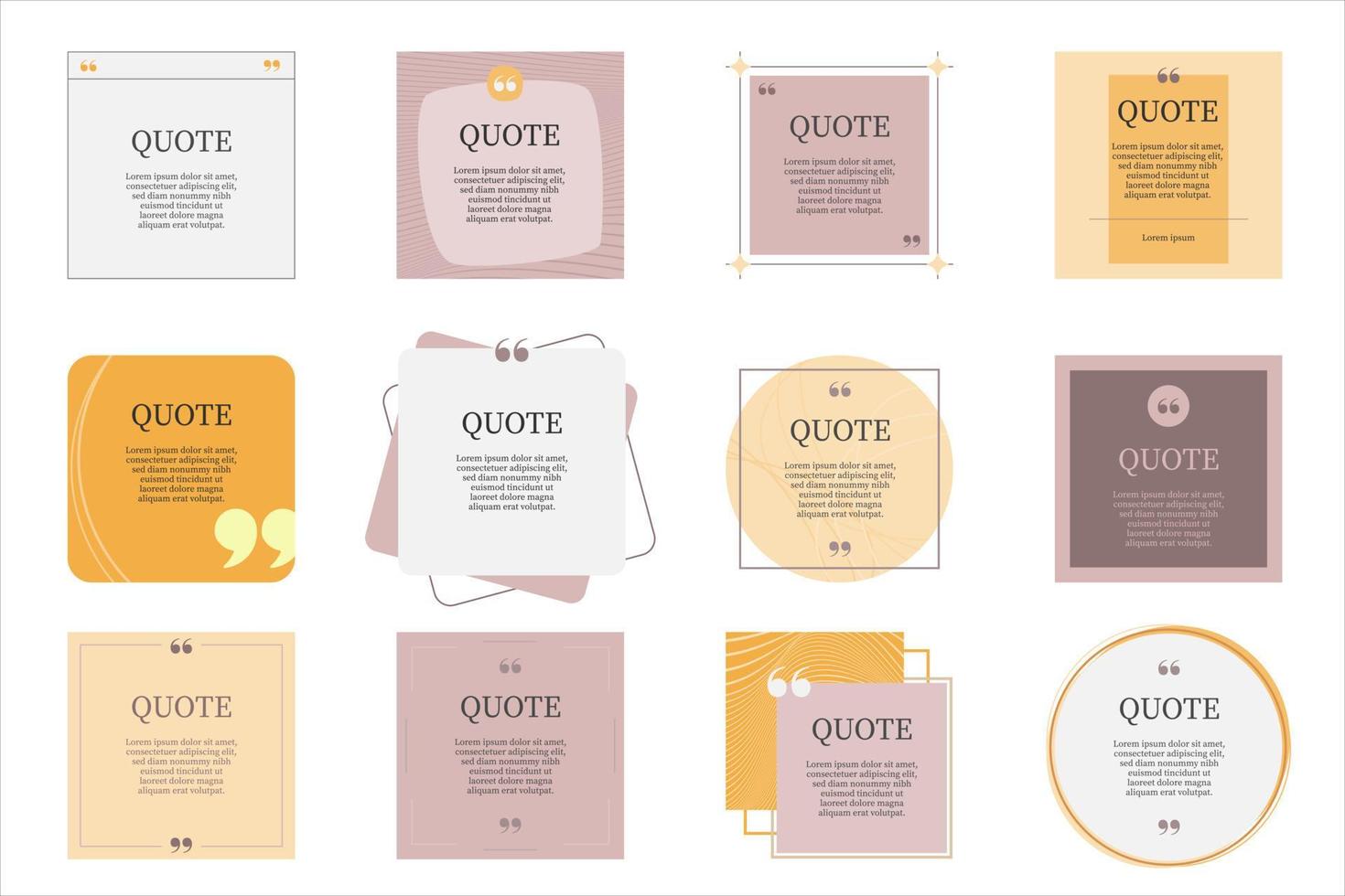 Citação projetado box frame vector banner ilustração definida para citação mensagens de texto via blog de informações de citação em branco em um tema de cor elegante