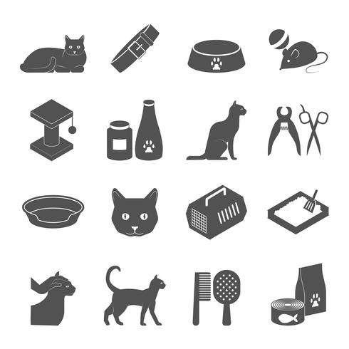 Conjunto de ícones pretos saudáveis interior gato vetor