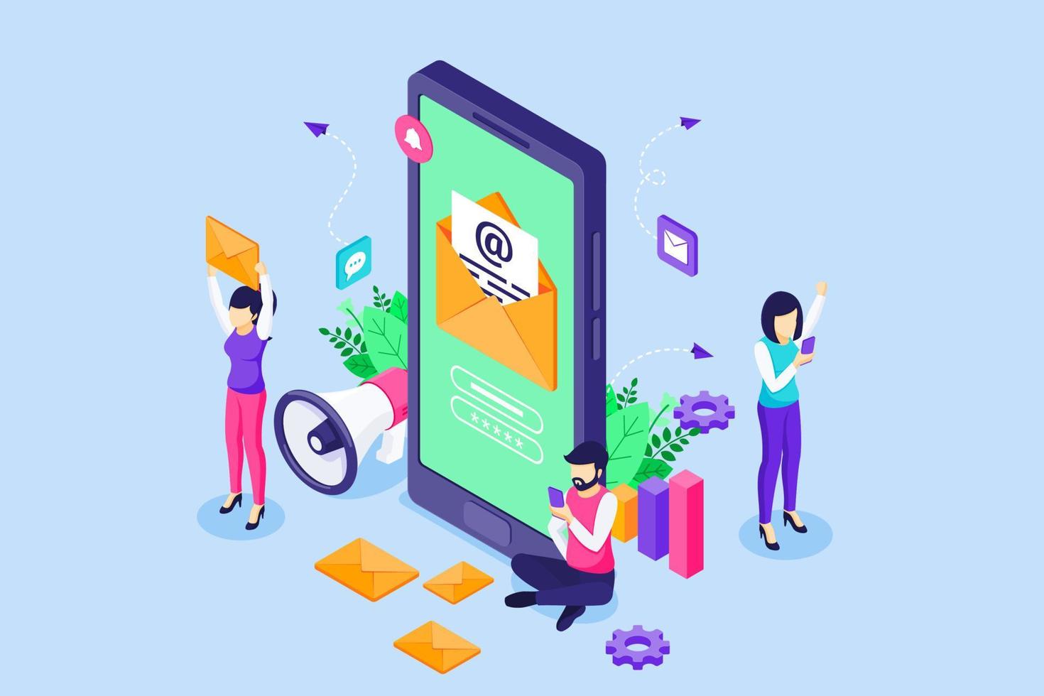 conceito de campanha de email marketing, newsletter marketing e promoção de negócios via celular com personagens de pessoas trabalhando perto de um grande smartphone. ilustração vetorial isométrica vetor