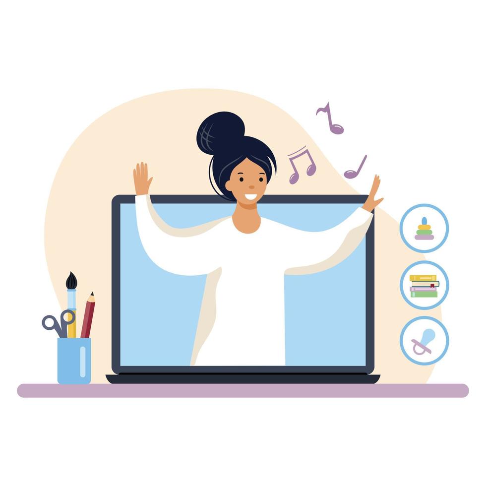 babá online canta música. serviços de babá remotamente via internet. ensino à distância para crianças. atendimento virtual com tutor. plataforma educacional. vetor